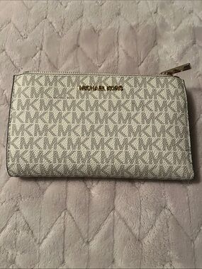 Michael Kors Beige Monogram Zip Wristlet with Gold Logo
